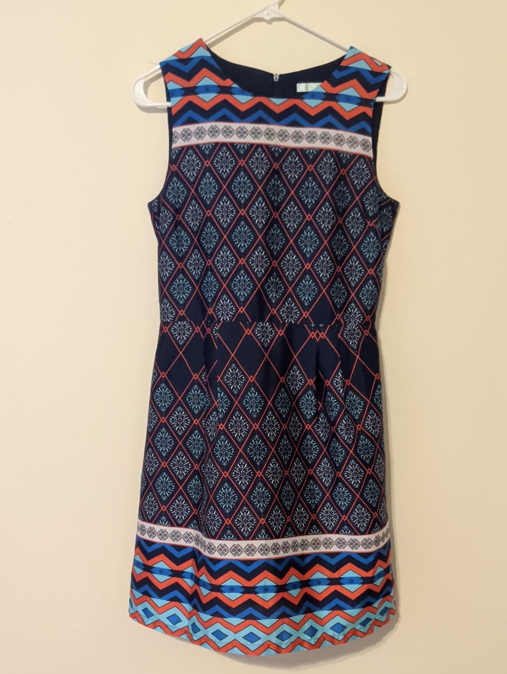 Jade Navy Shift Dress with Coral & Turquoise Geometric Print